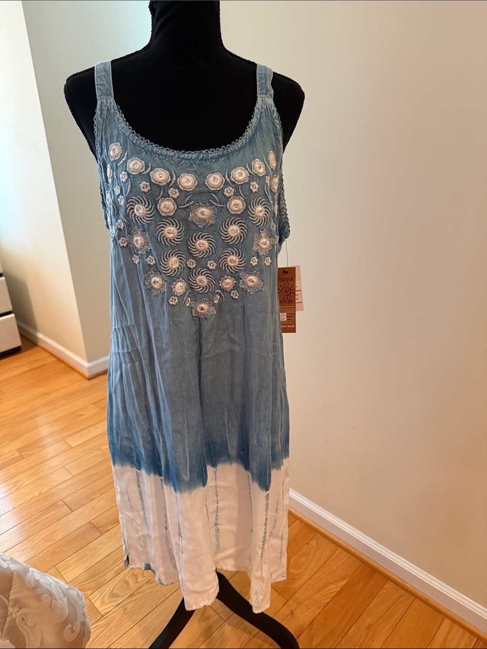 raya sun Blue and White Embroidered Tie-Dye Camisole Dress